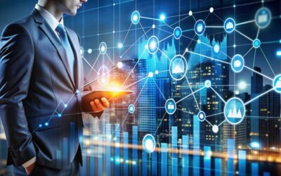 Businessman using tablet with digital network graphic in front of cityscape.