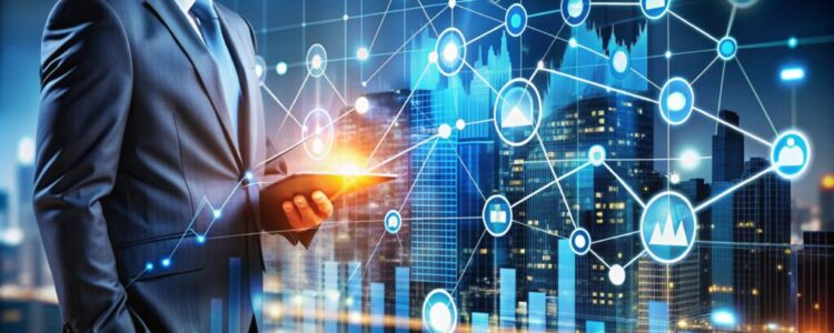 Businessman using tablet with digital network graphic in front of cityscape.